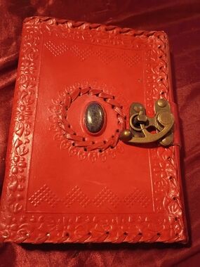 Red Embossed Leather Journal with Stone Medallion